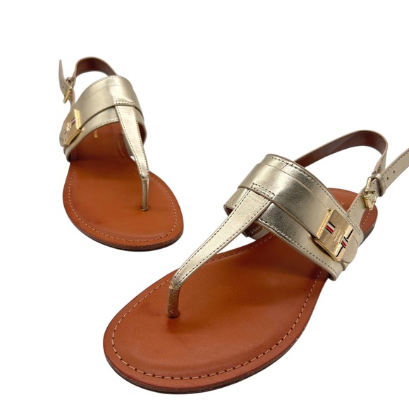 Tommy Hilfiger Thong Sandals Womens 10M‎ Gold Buckle Detail Summer Shoes - Picture 1 of 10